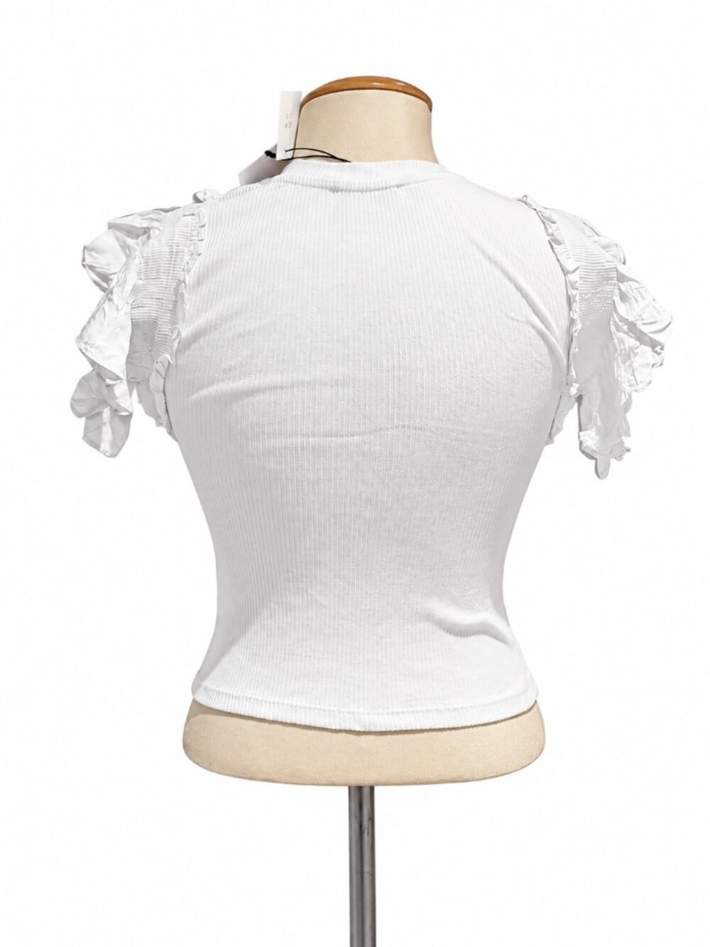 Zara White Ribbed Ruffle Sleeve Tee - Picture 2 of 7